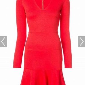 Alice + Olivia LS red dress, v neck, peplum hem size 8